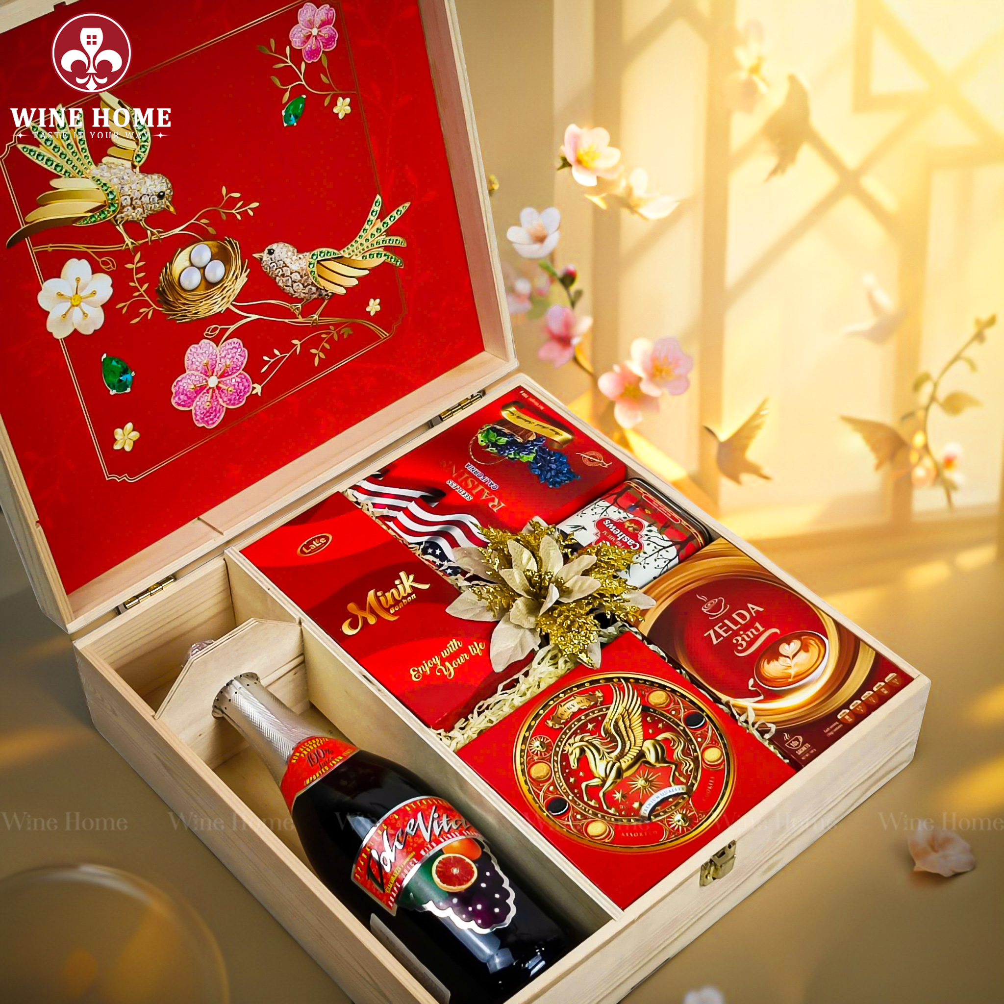Hộp Quà Tết Xuân Như Ý Hộp Gỗ Đỏ 01 | Quà Tết Cao Cấp 2026 Wine Home