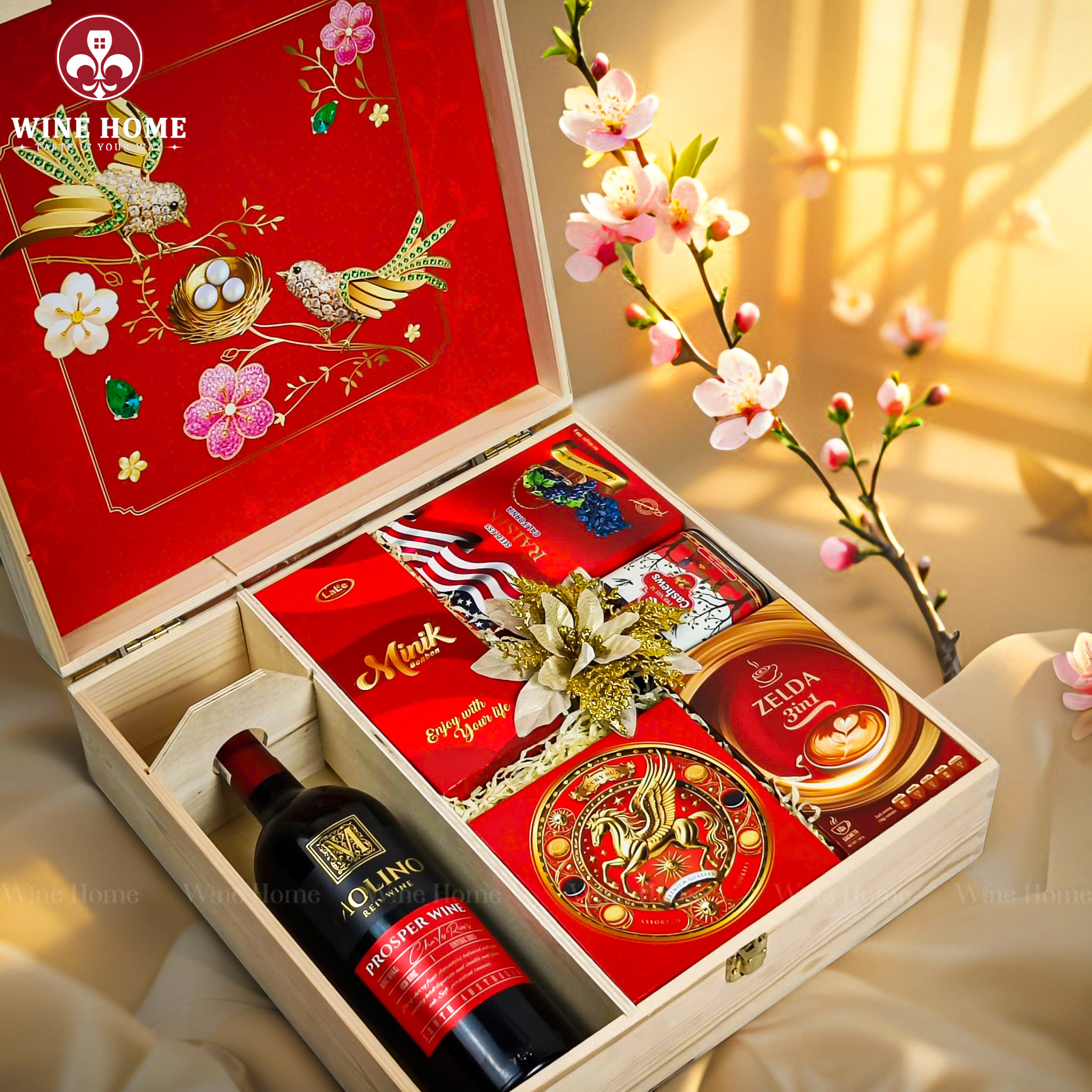 Hộp Quà Tết Xuân Như Ý Hộp Gỗ Đỏ 02 | Quà Tết Cao Cấp 2026 Wine Home