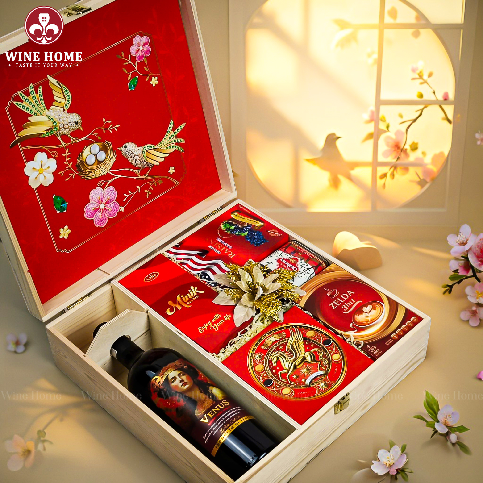 Hộp Quà Tết Xuân Như Ý Hộp Gỗ Đỏ 04 | Quà Tết Cao Cấp 2026 Wine Home