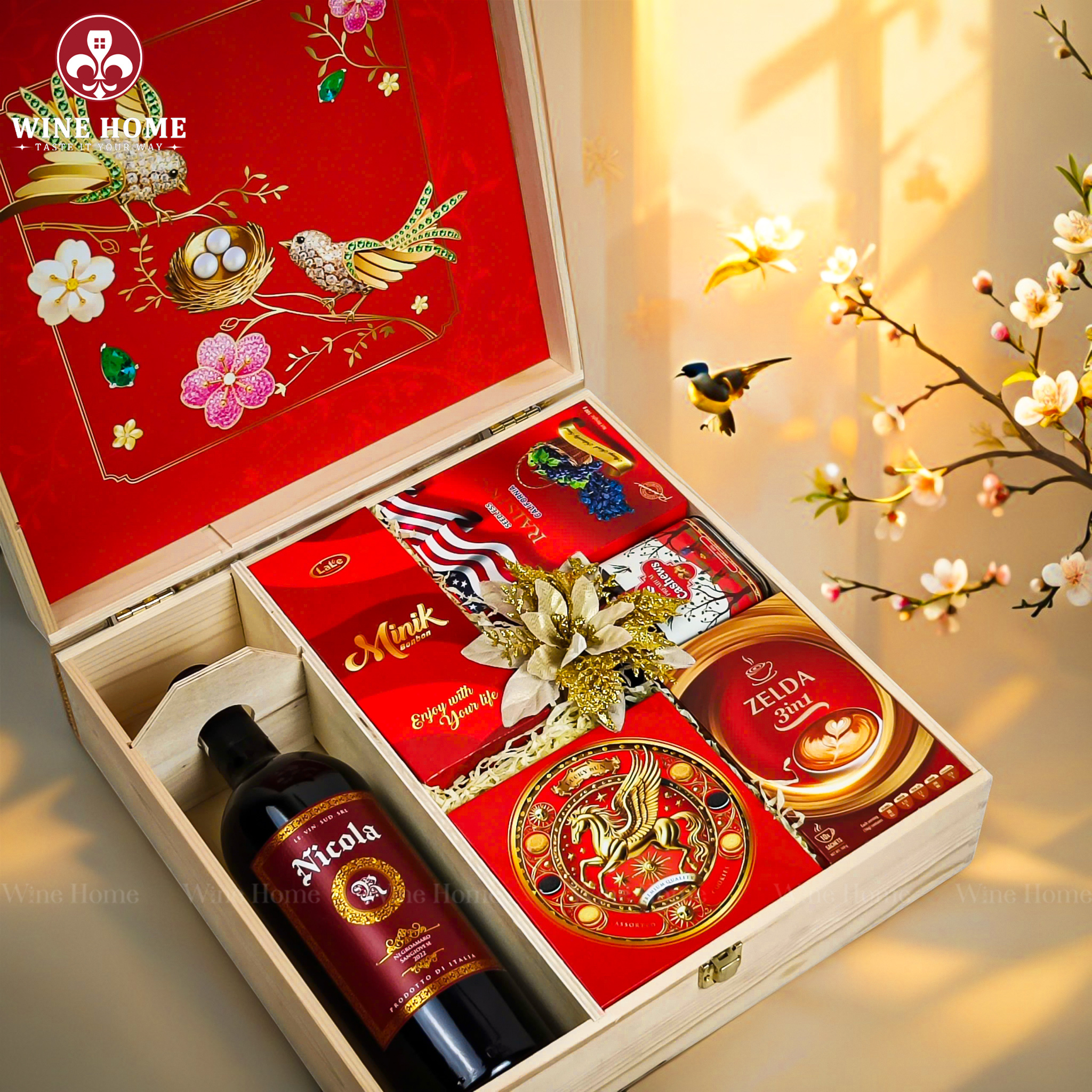 Hộp Quà Tết Xuân Như Ý Hộp Gỗ Đỏ 05 | Quà Tết Cao Cấp 2026 Wine Home