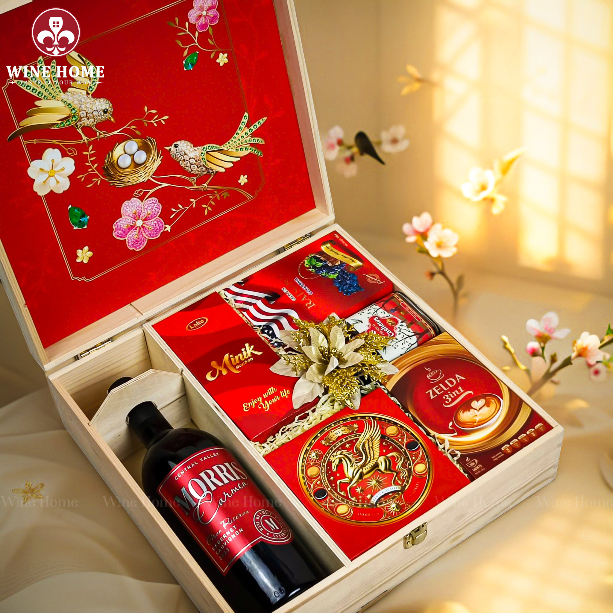 Hộp Quà Tết Xuân Như Ý Hộp Gỗ Đỏ 06 | Quà Tết Cao Cấp 2026 Wine Home