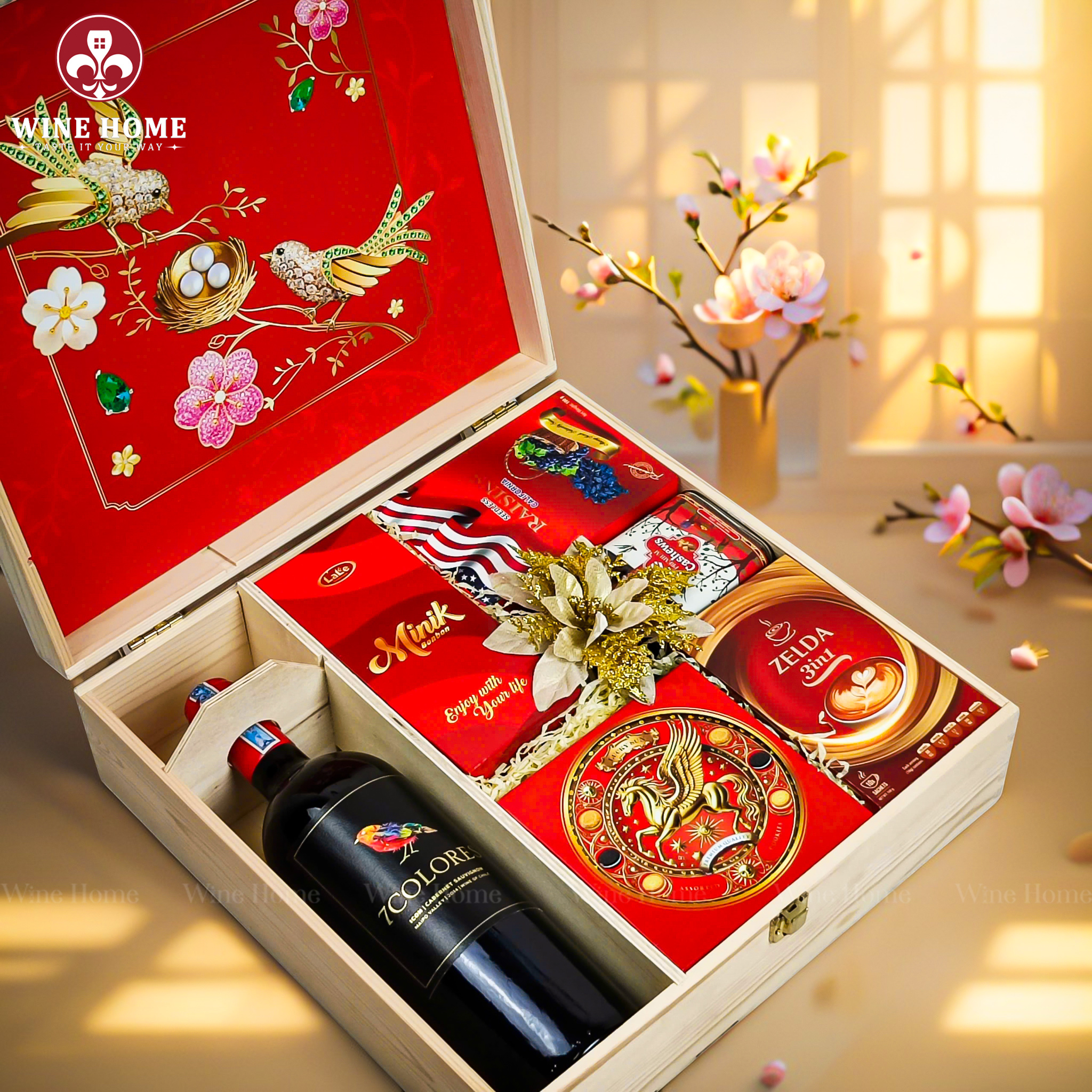 Hộp Quà Tết Xuân Như Ý Hộp Gỗ Đỏ 15 | Quà Tết Cao Cấp 2026 Wine Home